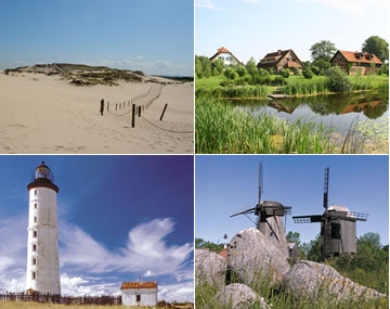 in naTOURa Reisen: Entdecken Sie die vielfältigen Landschaften unserer Reiseregionen Eine Collage mit vier verschiedenen Landschaftsbildern: Sanddünen mit einem hölzernen Pfad, eine ländliche Szene mit einem Teich und Häusern, ein weißer Leuchtturm vor blauem Himmel und zwei Windmühlen zwischen großen Felsen.